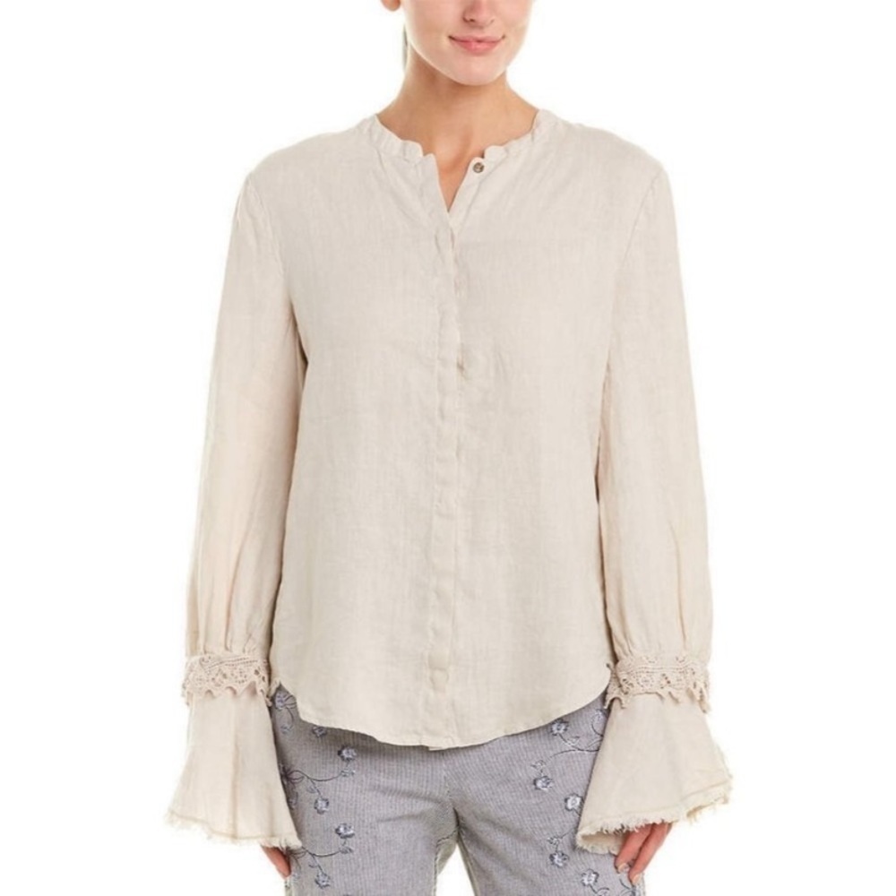 XCVI Women's Long Bell Sleeve Button Down 100% Linen Top Size M